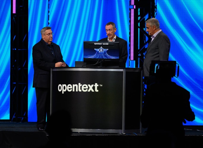 Mark Barrenechea on stage at OpenText World 2023