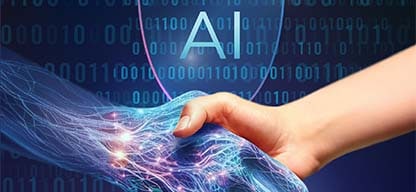 Graphic with the words 'AI’ on a dark blue background with abstract digital patterns