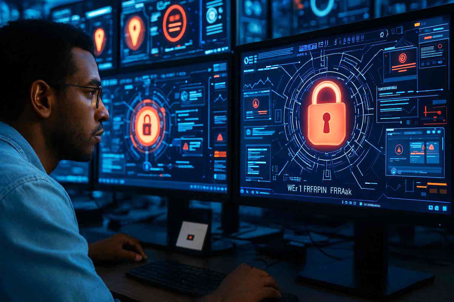 Person viewing multiple computer screens displaying cybersecurity dashboards and lock icons