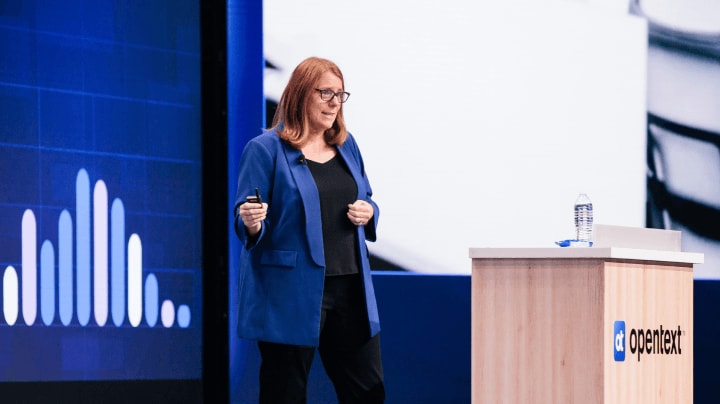 Shannon Bell, EVP, Chief Product and Technology Officer at OpenText, presenting at OpenText World