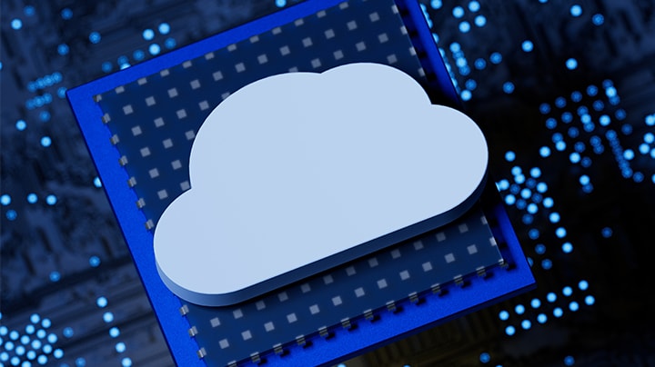 Illustration of a cloud over a microchip processor.