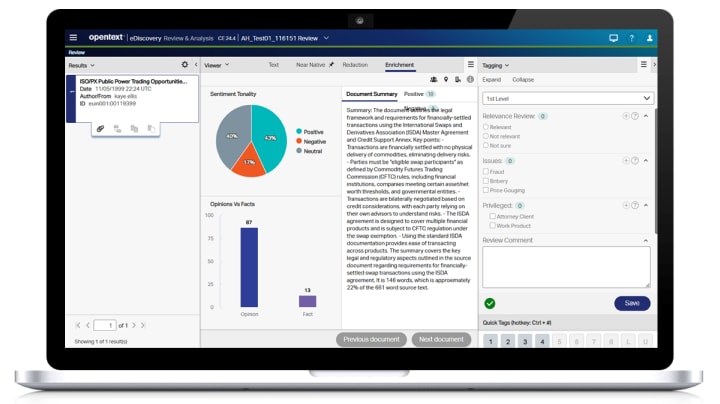 문서 요약을 보여주는 eDiscovery Aviator 검토 작업 영역
