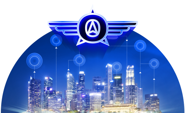 landscape of a city with the aviator logo