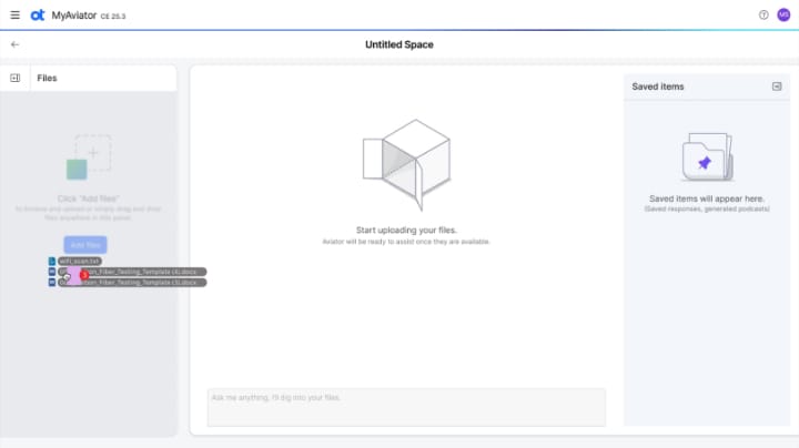L'interface de MyAviator montre la zone de téléchargement de documents où les utilisateurs peuvent glisser et déposer des fichiers de tous formats, y compris des documents, des fichiers audio et vidéo.
