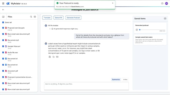 Interface de création de podcasts MyAviator montrant comment convertir des documents en contenu audio pour un apprentissage mobile.