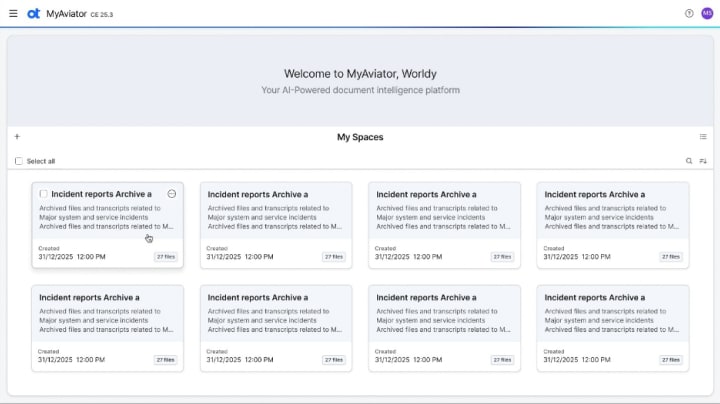 Tableau de bord MyAviator montrant l'intégration avec d'autres applications OpenText pour connecter des documents personnels au contenu professionnel et générer des insights.