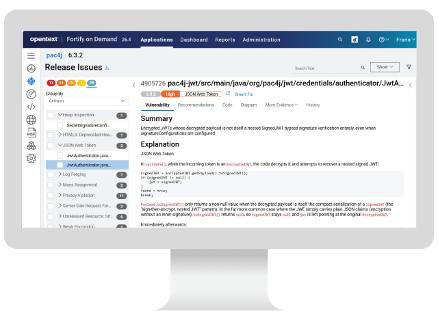 计算机上的 Fortify Agentic Analyzer 仪表板视图