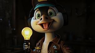 a cute character holding a lit lightbulb