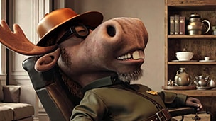 Moose in a bowler hat leaning back in his chair