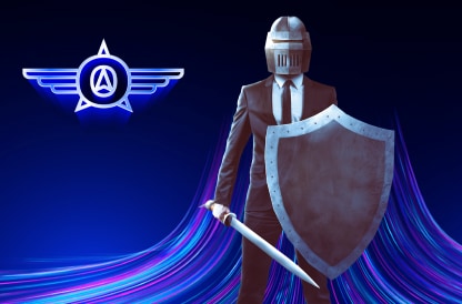 Smarter Cybersecurity - business man with a sword and shield