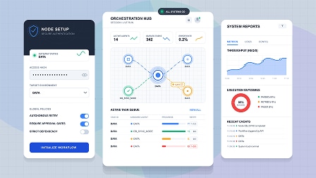 Mobile app UI screens showing a node setup, orchestration hub dashboard, and system reports panel