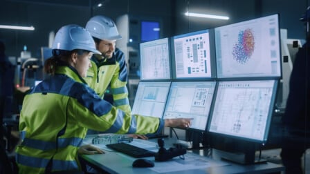 Engineers reviewing data on multiple monitors in a control room