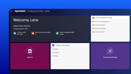 A screenshot of the OpenText Trading Grid user interface showing a log in screen.