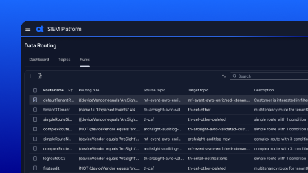 Data routing dashboard showing processing rules and logs