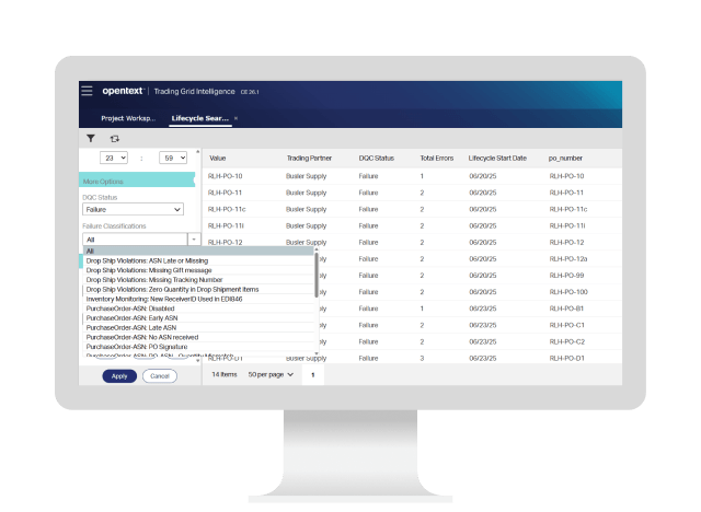 Dashboard view of OpenText Trading Grid Intelligence on a computer