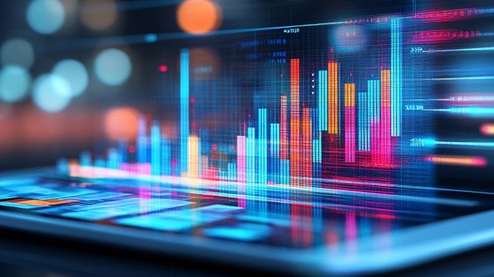 Colorful data charts and graphs displayed on a digital screen