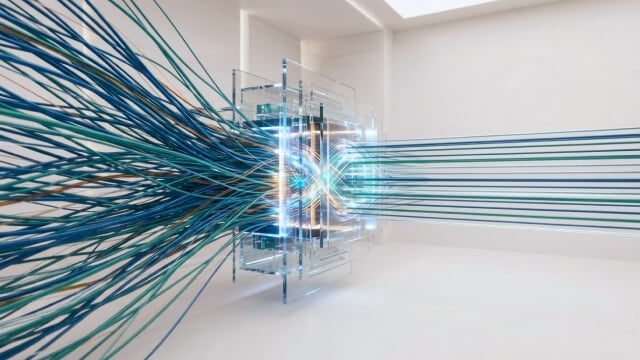 Chaotic cables organized into neat lines through a glowing glass cube