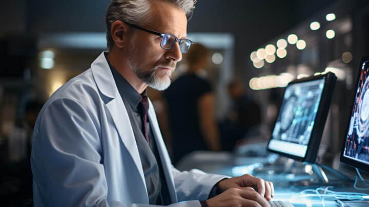 A lab technician on a computer 