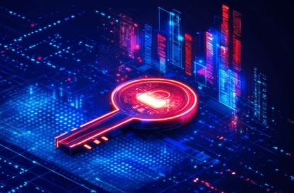 Digital magnifying glass with data visualization graphics
