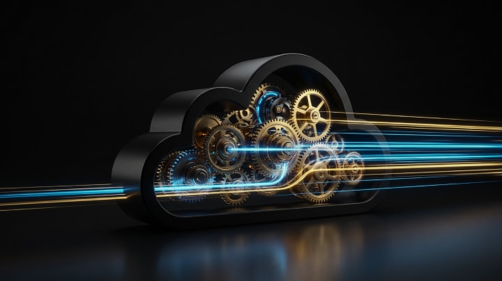 Cloud-shaped icon with glowing gears symbolizing cloud computing automation.