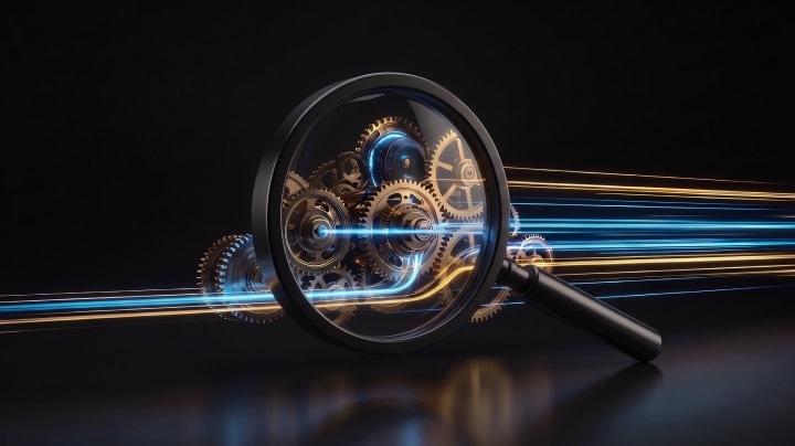 Magnifying glass revealing mechanical gears, analysis and inspection of automate