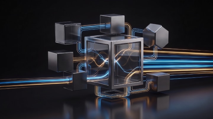 Abstract metallic and glass cubes connected, representing modular systems