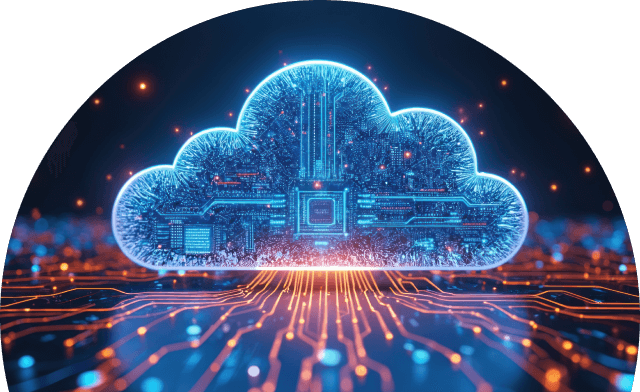 Glowing digital cloud icon over a circuit-like data network