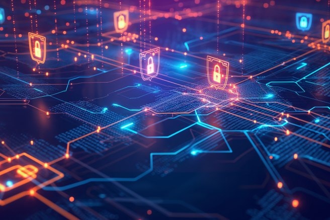 Cybersecurity concept showing digital locks over a data and network interface