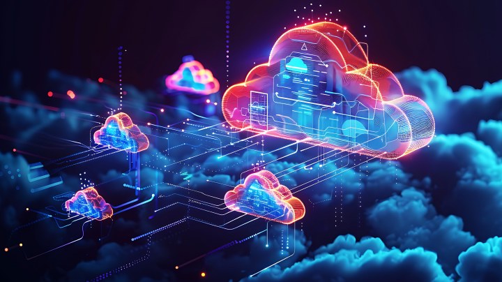 Multiple glowing digital cloud icons connected across a virtual network