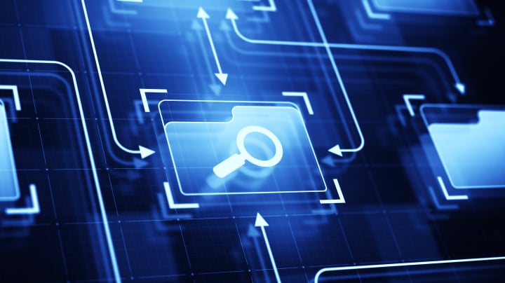 Digital interface with magnifying glass and folder icons