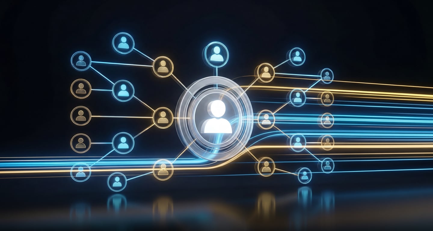 中央のユーザーアイコンが複数のユーザーノードに接続されたデジタルネットワークビジュアル