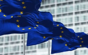 European Union Flags with a building in the background