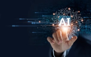 A person using a virtual screen with AI icon surrounded by digital neurons