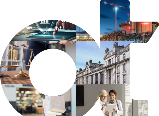 OpenText OT watermark with background images representing key industries like energy, financial services, government, healthcare, legal, retail and consumer goods