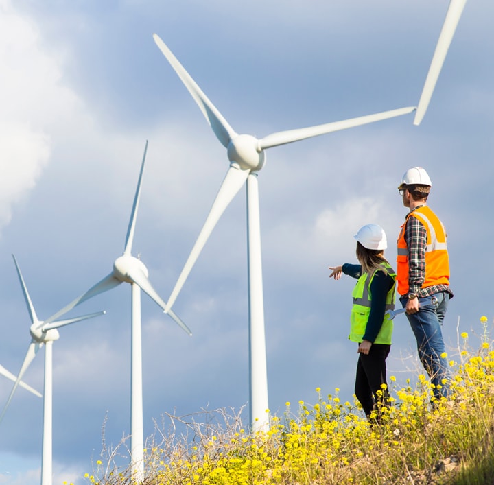 A man and women in their safety vest and helmet pointing at the windmills.