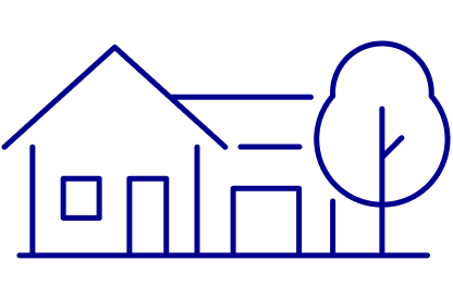 Minimalist blue line icon of a house and tree representing residential property