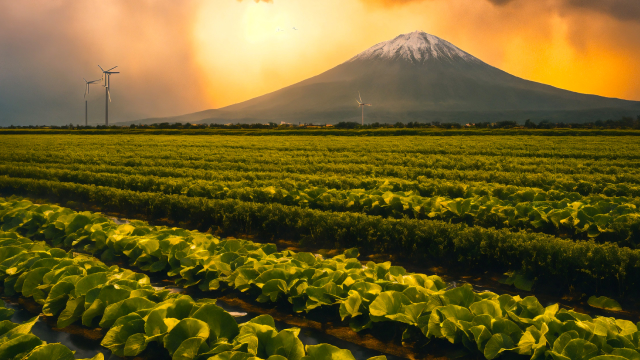 Mountain under golden sunset sky, with arranged green crop field