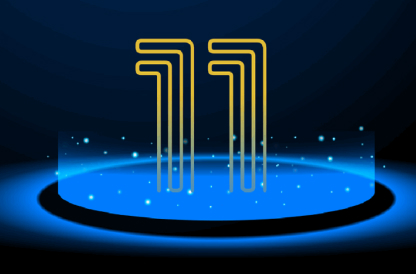 laptop screen displaying a stylized gold number "11" floating above a blue illuminated circular base