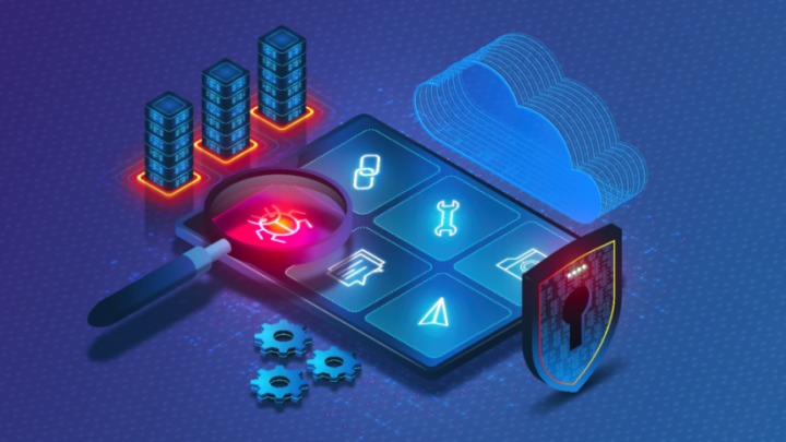 Cybersecurity illustration with bug detection, servers, cloud, and security shield