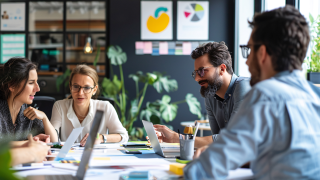 A group of business people discussing around a table in an office