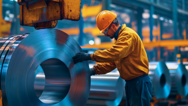 Factory worker guiding a steel coil lifted by a crane