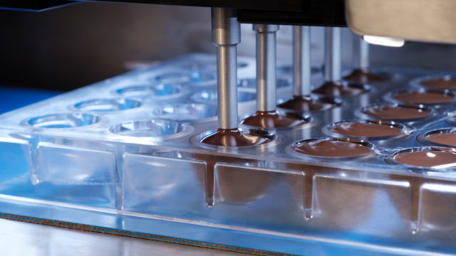 Melted chocolate into a clear plastic mold tray with multiple round