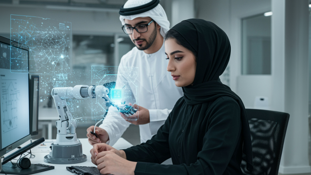 Two person operating a robot arm with holographic AI display.