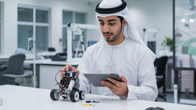 A person programming a small robot using a tablet in a lab