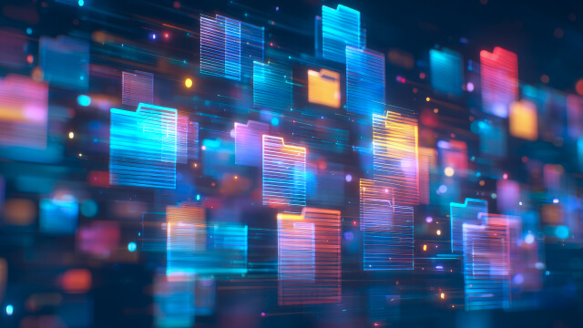 Abstract digital folders and data icons floating in a network