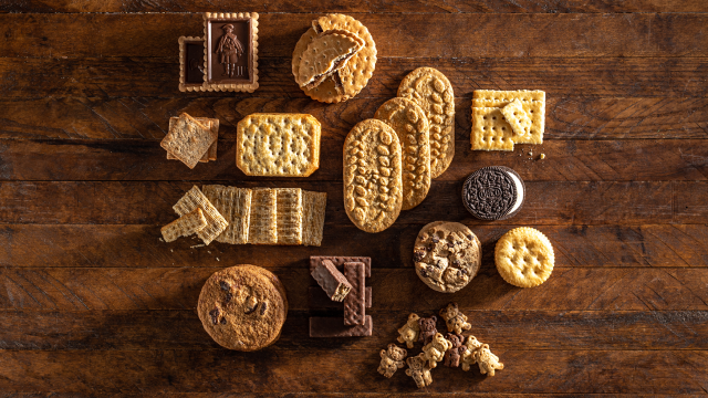 Biscuits and cookies arranged on a wooden surface