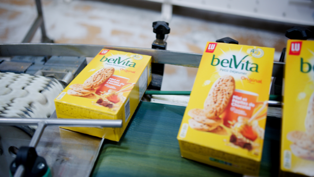 Belvita biscuit boxes on a conveyor belt