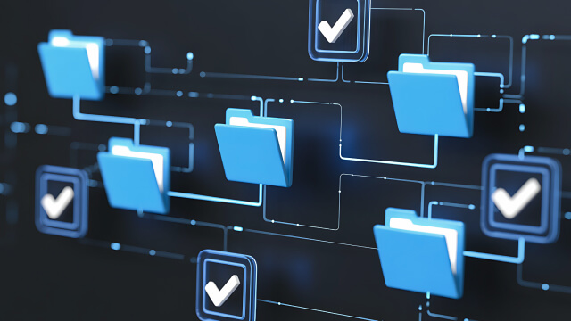 Digital folders connected in a workflow with checkmarks