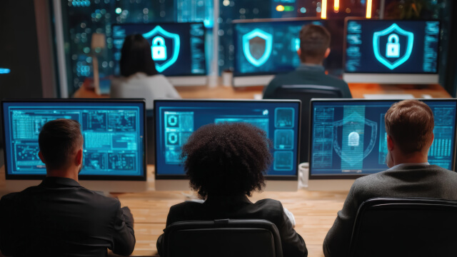 Three employees reviewing data on computers