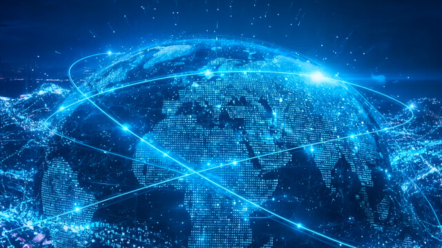 Digital illustration of the Earth with glowing data lines and connection points